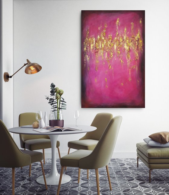 "A certain romance" Large Mixed Media Painting Contemporary Wall Art Pink and Gold Art Textured Abstract Painting Modern Decor