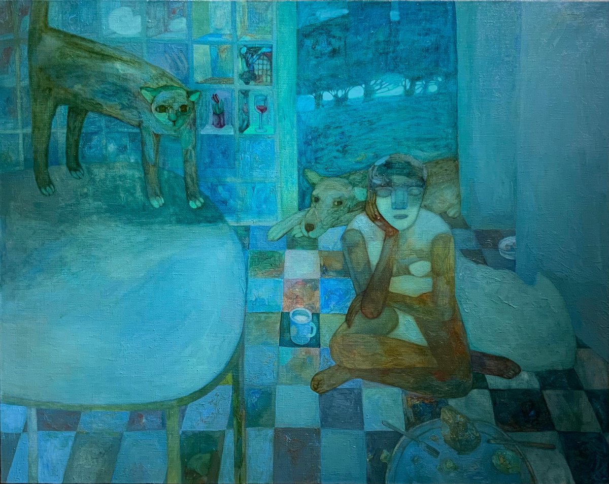 Urban And Pop Portrait Oil Painting By Anna Bulkina, 47 X 39, Meditation In A White Dress, Original Artwork