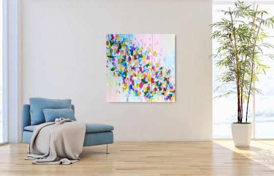 Colorful Triptych Large Acrylic Painting with Gold Leaf 60x60cm 24x24in