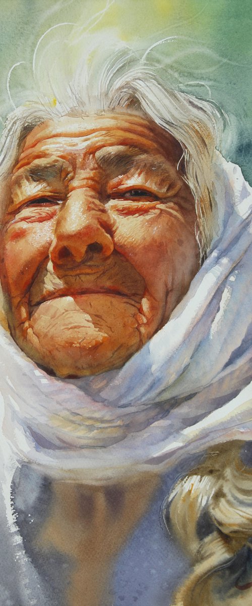 Granny Solmaz watercolor portrait by Samira Yanushkova