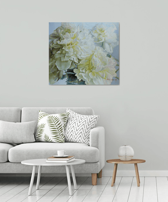 Three white peonies 90x80