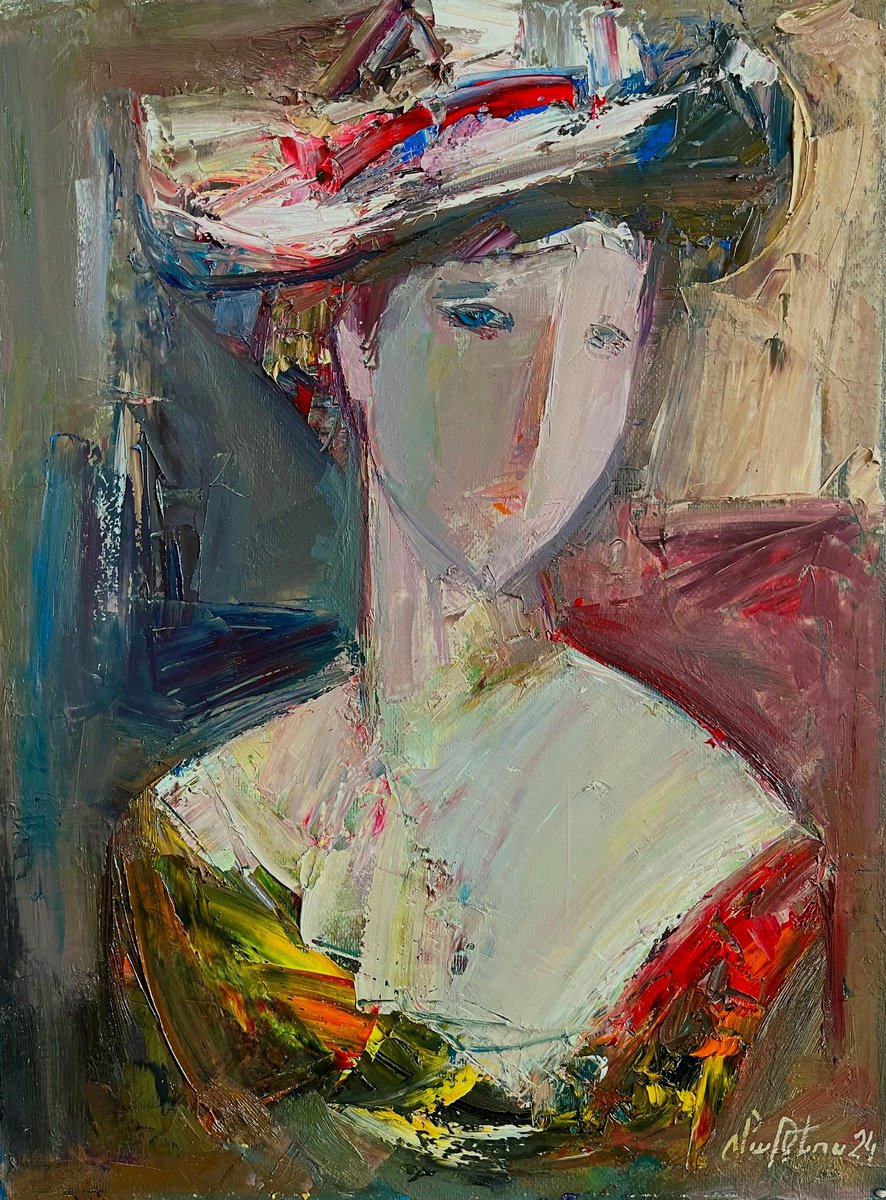 Abstract Portrait Oil Painting By Matevos Sargsyan, 12 X 16", Elegance In A Hat, Original Artwork