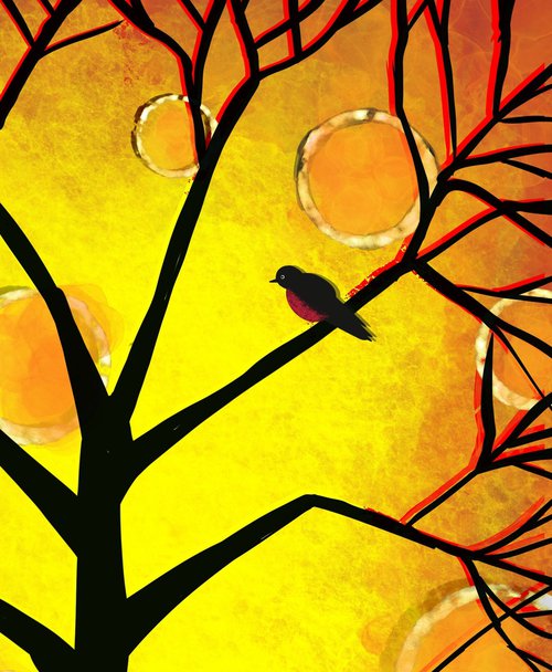 Birds of a Summer , cute lovebird tree artwork yellow alt edition by Stuart Wright