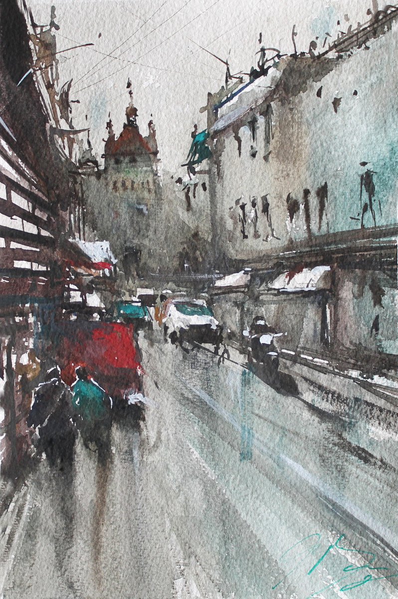 Impressionistic Cityscapes Watercolour By Maximo Damico, 7 X 11", Rettifilo In Naples, Original Artwork