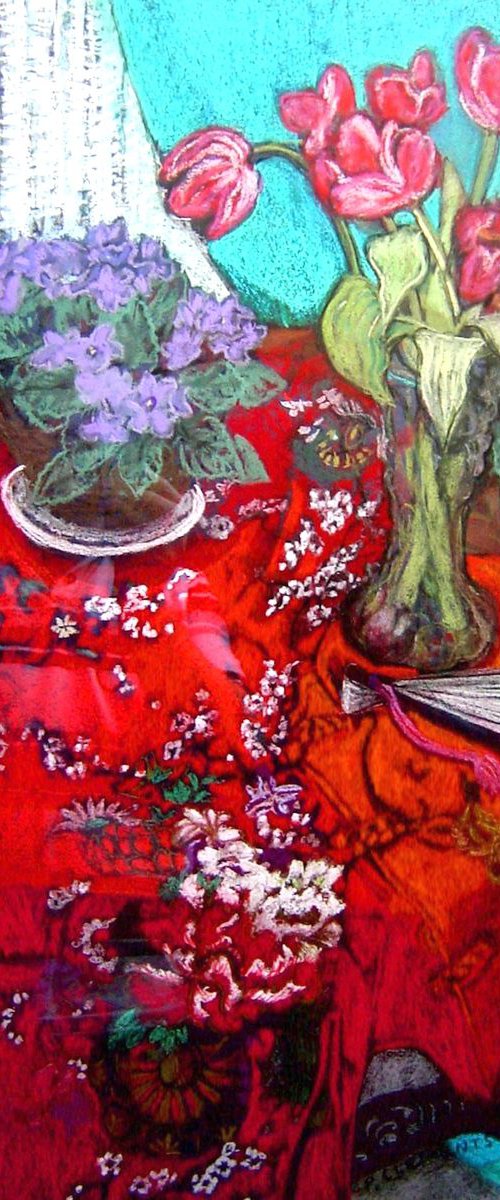 Red Chinese Kimono and Fan still life by Patricia Clements
