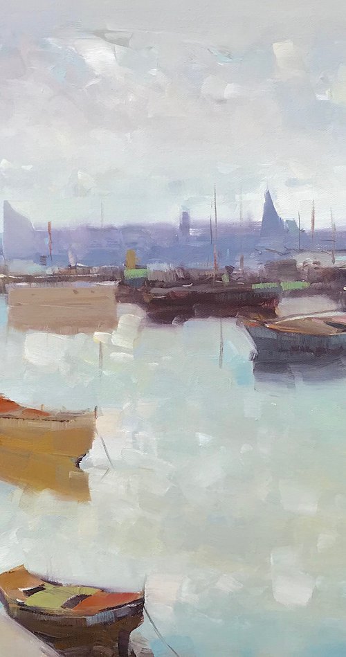 Factory Harbor, Original oil painting, Handmade artwork, One of a kind by Vahe Yeremyan