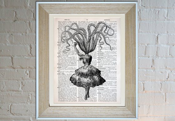 Octopus Flamenco Dancer - Collage Art Print on Large Real English Dictionary Vintage Book Page