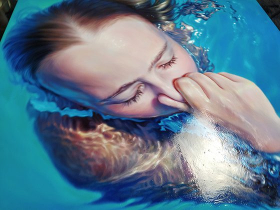 Underwater Modern acrylic large painting Seackape Swimming Slow breathing Pleasure Recreation Girl under water Sea waves Wall art Decor Home