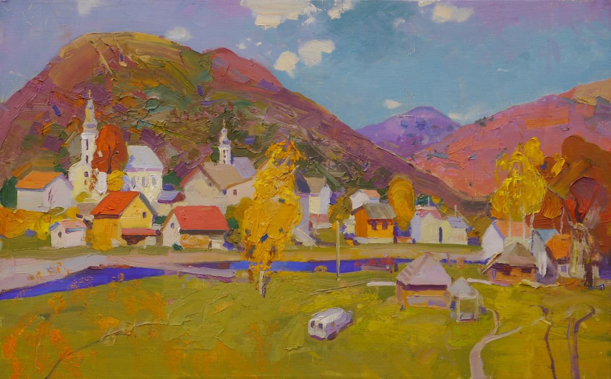 Impressionistic Landscape Oil Painting By Victor Onyshchenko, 31 X 20", Autumn In Kolochava, Original Artwork