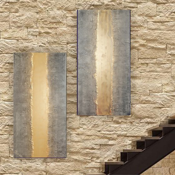 gold stripe & steel long painting A719 50x200x2 cm decor Vertical original abstract art Large paintings stretched canvas acrylic art industrial metallic textured wall art