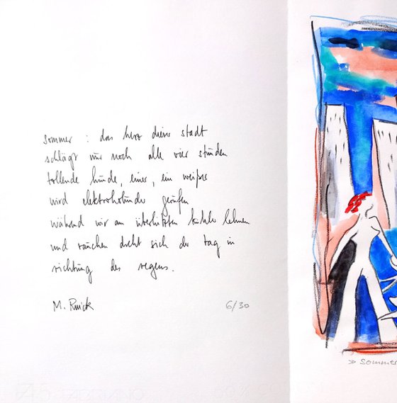 Monika Rinck: Summer, Variant 6 - handwritten poem and gouache