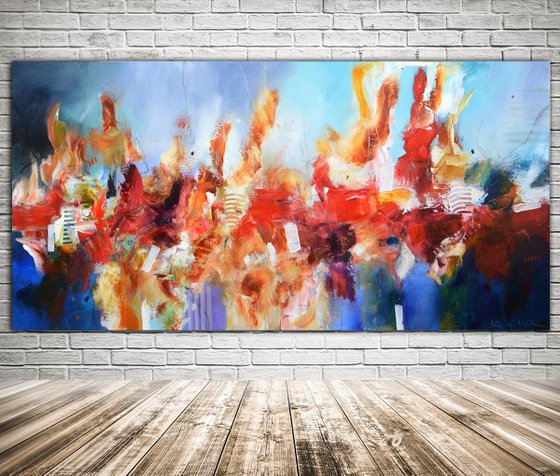 Abstract large painting - Big Bang - red, blue and yellow long abstract painting