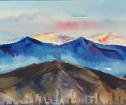 Denver during Sunrise - watercolor - gift by Geeta Yerra