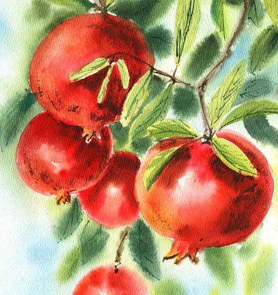Pomegranate original watercolor painting, red fruits green leaves decor for dinner room, bedroom decor, gift for her
