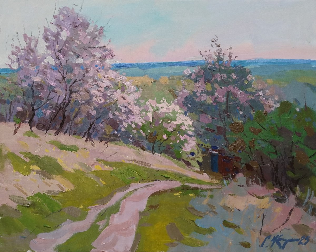 Impressionistic Landscape Acrylic Painting By Sergey Kachin, 20 X 16", Spring Day, Original Artwork