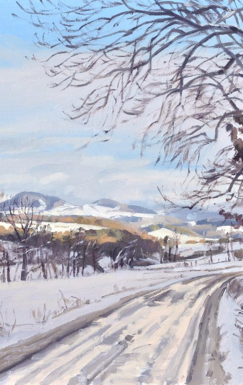 Snowy path at Saint Vincent, evening light by ANNE BAUDEQUIN