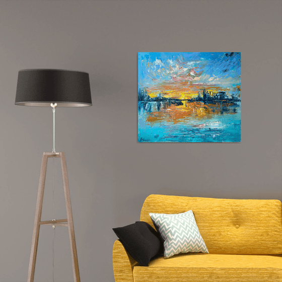 Sunset - Big city never sleeps, 70*80cm, impressionistic landscape oil painting in orange and turquoise