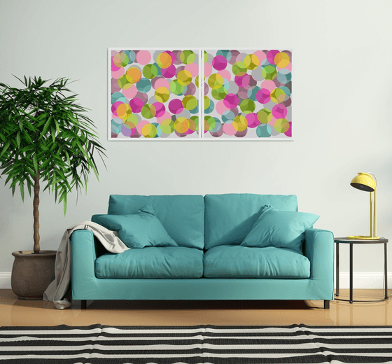 Abstract multicolored bright circles pink gray green turquoise- Diptych #1 & #2