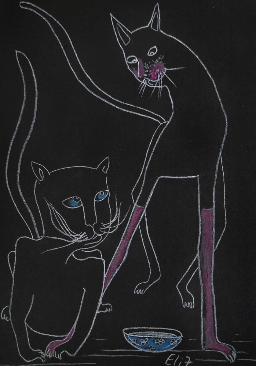 Expressive Animal Pencil Drawing By Elisheva Nesis, 9 X 13, My Bowl Is Your Bowl!, Original Artwork