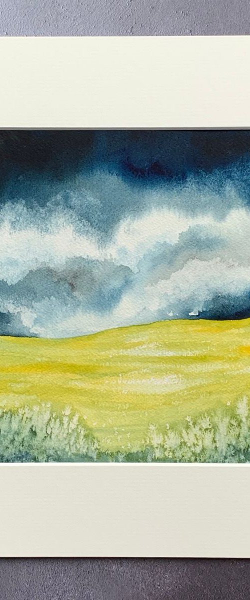 Stormy Yellow Fields - mounted ready to frame by Cat Barrett