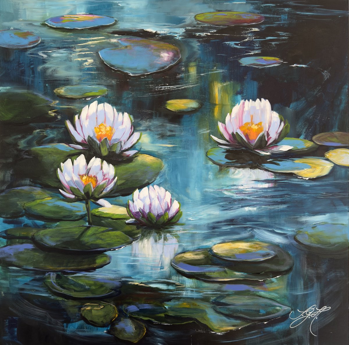 Impressionistic Botanical Acrylic Painting By Sandra Gebhardt-Hoepfner, 31 X 31", My Love For Water Lilies 6, Original Artwork