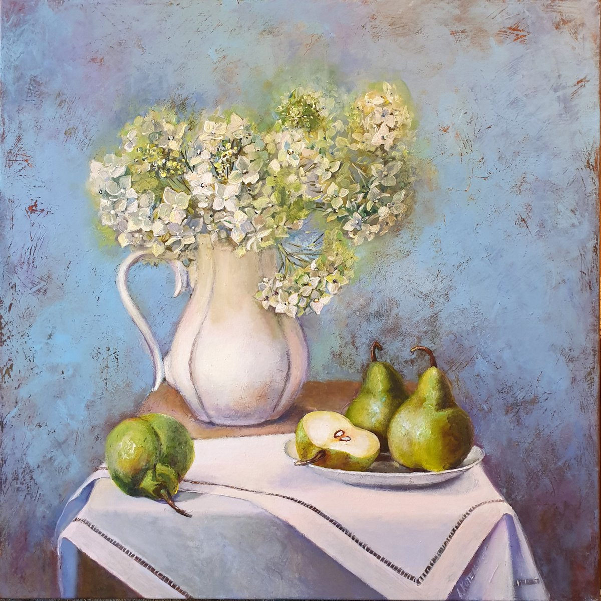 Still Life with Hydrangea and Pears  pears  liGHt original painting PALETTE KNIFE  GIFT... by Anna Kotelnik
