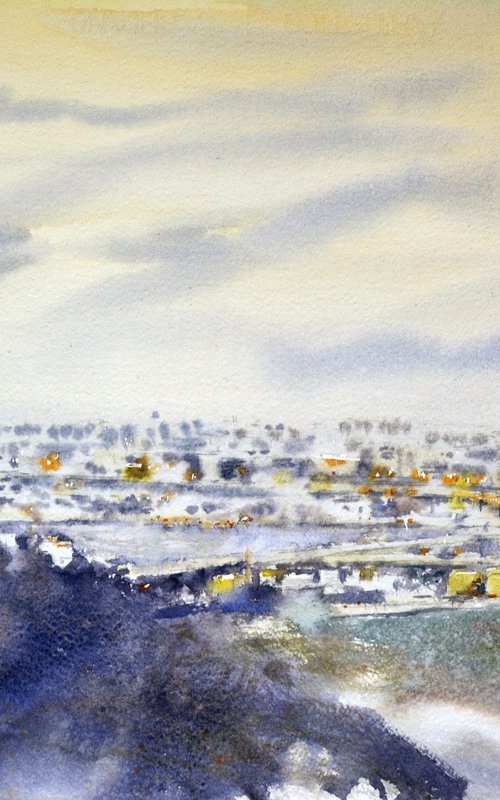 Ski trail panoramic view of Belgrade 54x36 2020 by Nenad Kojić watercolorist