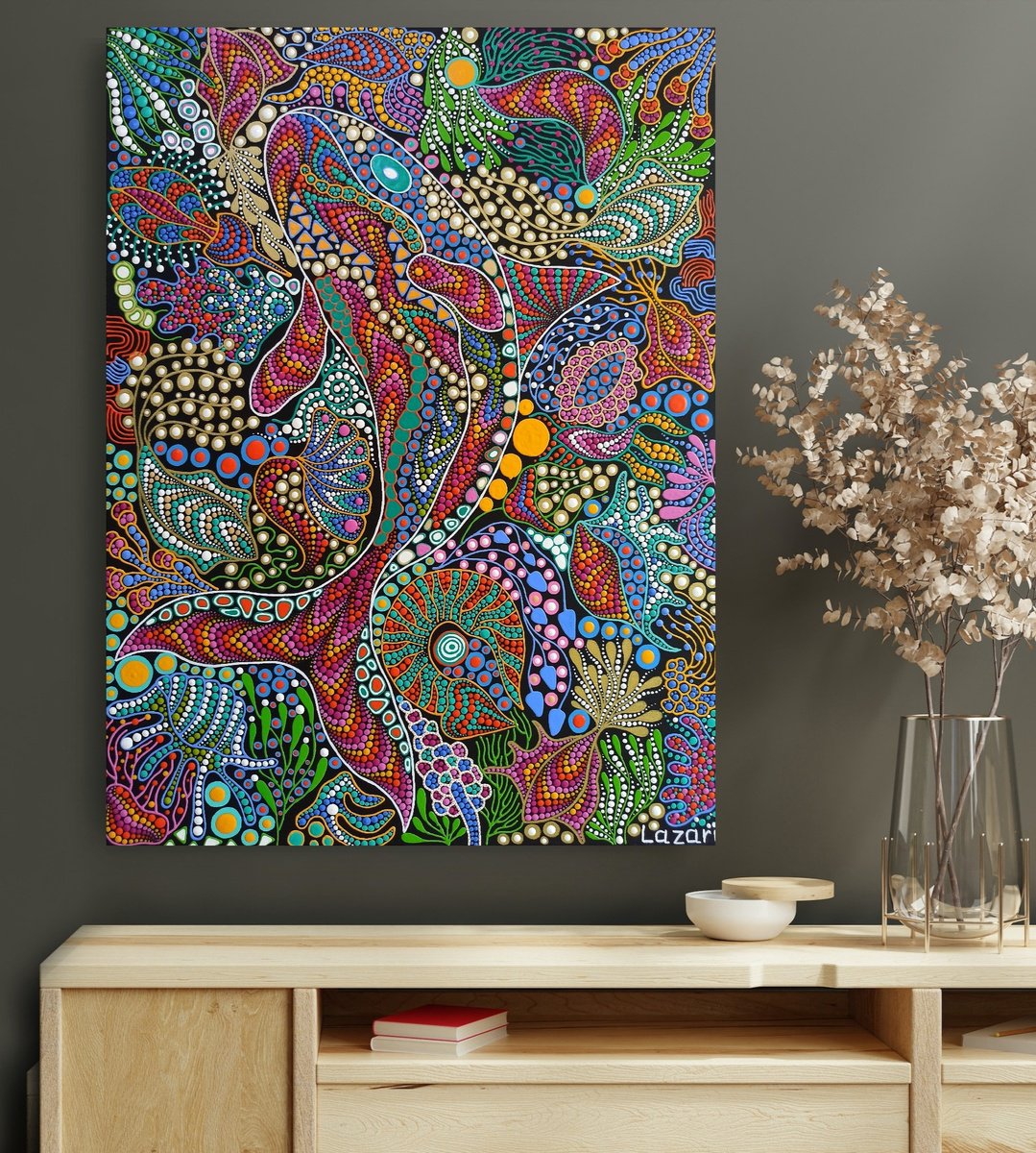 Expressive Landscape Acrylic Painting By Oxana Lazari, 24 X 31", Beneath The Azure Depths, Original Artwork