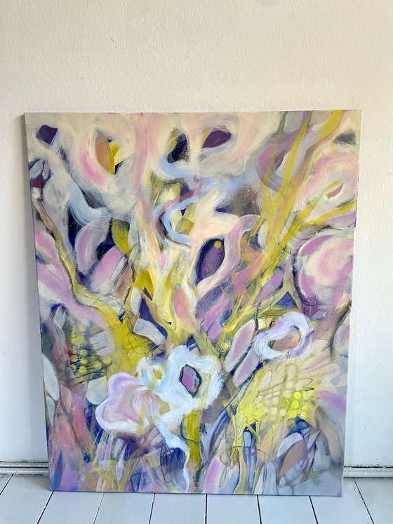 21- large format acrylic painting, pink yellow, abstract bouquet flowers, birthday, for her