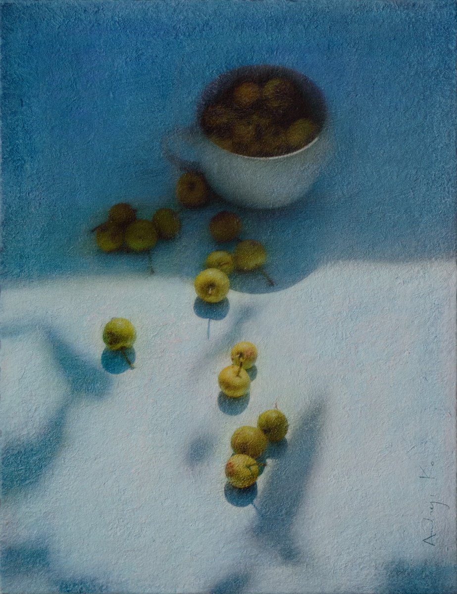 Impressionistic Still Life Acrylic Painting By Andrejs Ko, 20 X 26, Sun-Kissed Apples In The Garden, Original Artwork