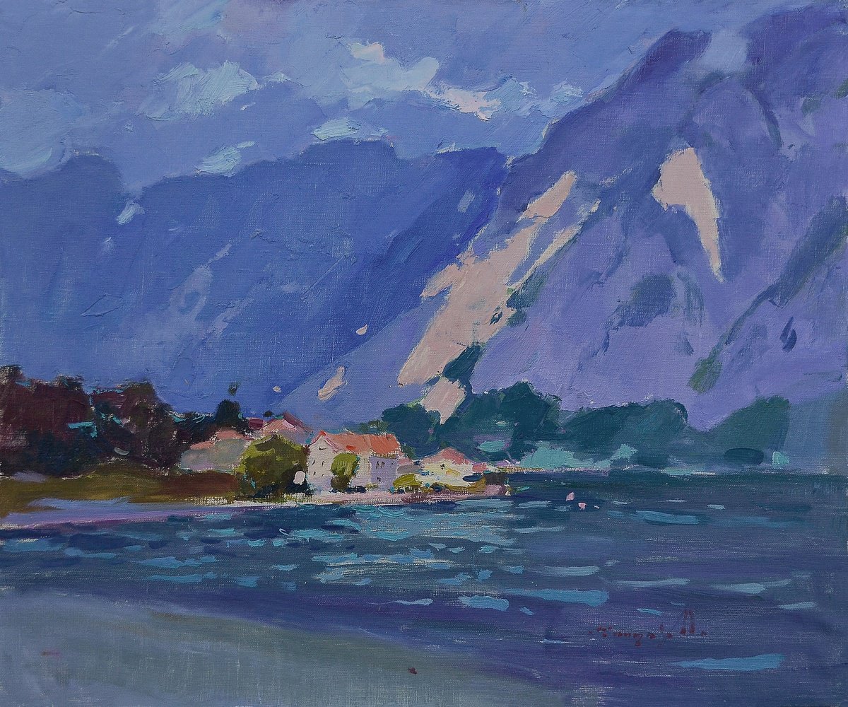 Impressionistic Landscape Oil Painting By Alexander Shandor, 28 X 24, Kotor Mountains, Original Artwork