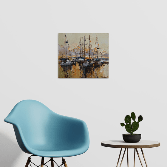 Sailing yachts at berth  Original seascape painting