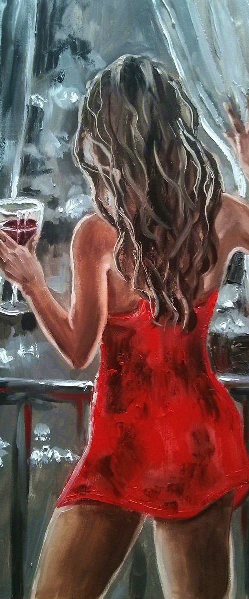 " DARK IN THE ROOM " - 50x70cm original oil painting on canvas, gift, palette kniffe by Monika Luniak