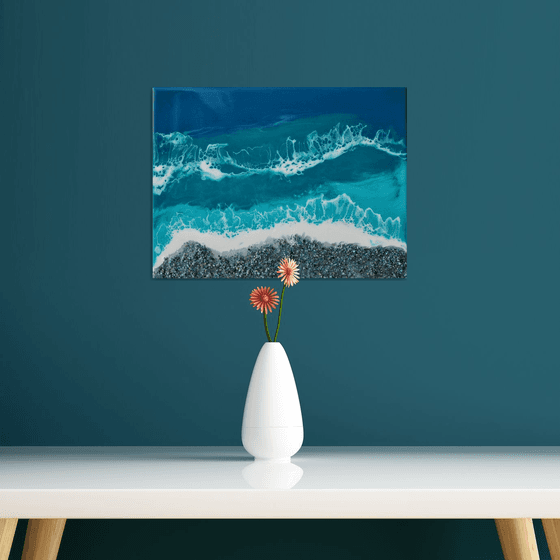 Blue shell beach - original seascape epoxy resin artwork