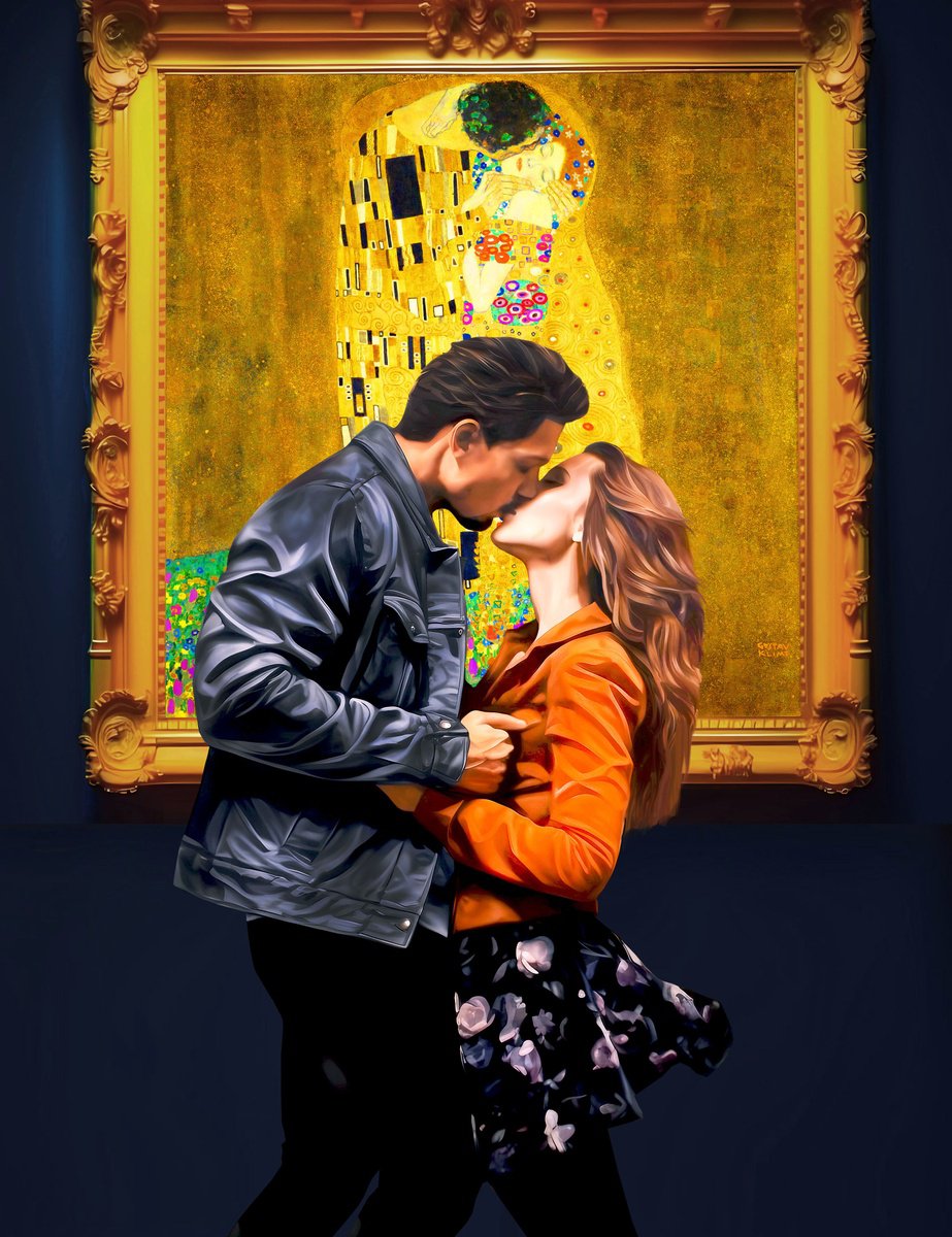 Couple in museum with The Kiss Klimt - Love art Gift by BAST
