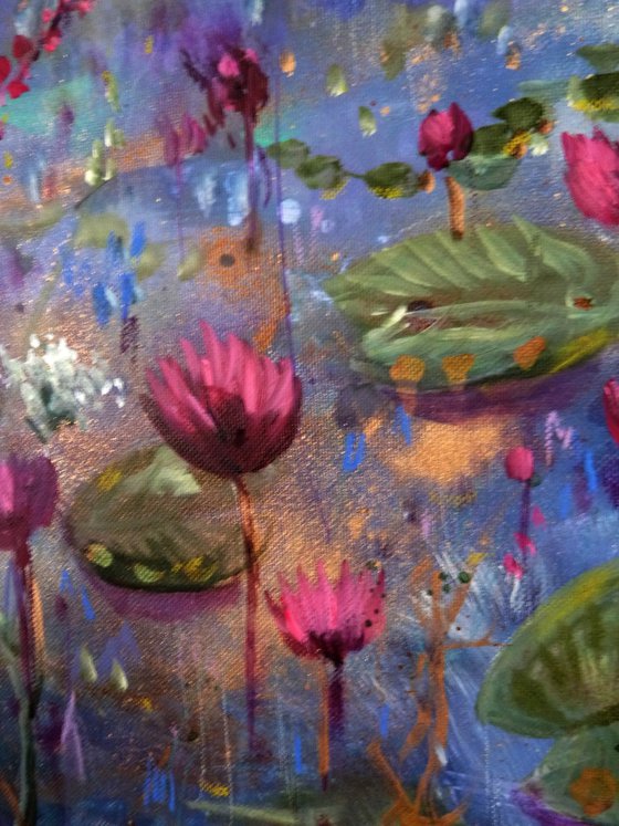 The sacred blooms 70 x70 cm. Impressionist landscape with water lilies