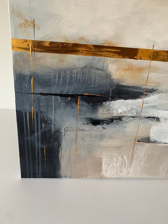 Abstraction in gray, gold and blue tones.