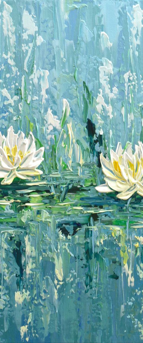 Water Lilies Painting 16x20", Impasto Original Painting, Blue Wall Art Canvas, Heavy Textured Floral Art, Abstract Waterlilies, Gift Artwork by Olga Tkachyk