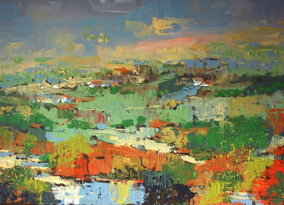Village in the hills, modern abstract oil on canvas