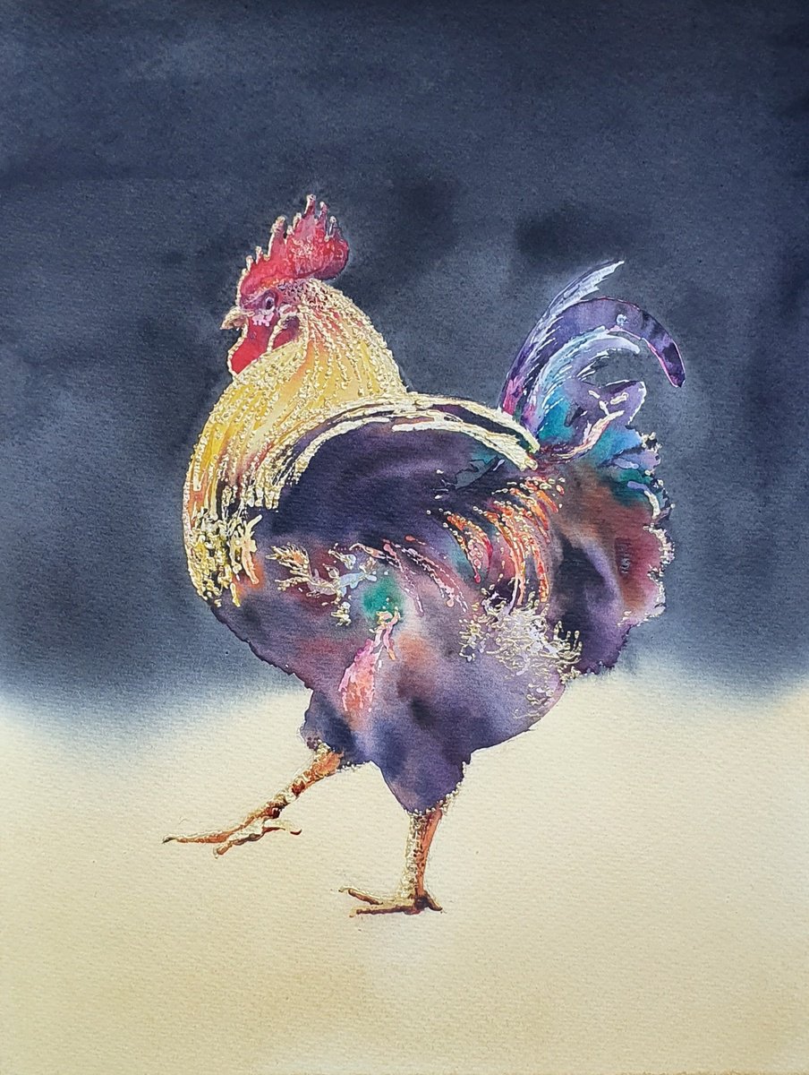 Expressive Animal Painting By Sonata Art, 16 X 20", Rooster At Yellow Field, Original Artwork