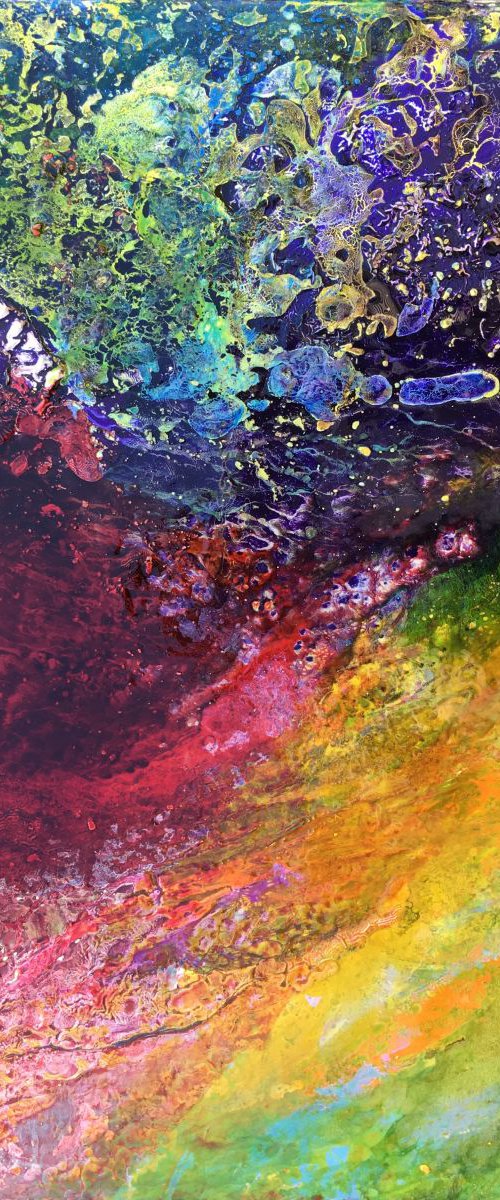"Heavenly illusion" original abstract modern painting colorful red, green, yellow purple by Henrieta Angel
