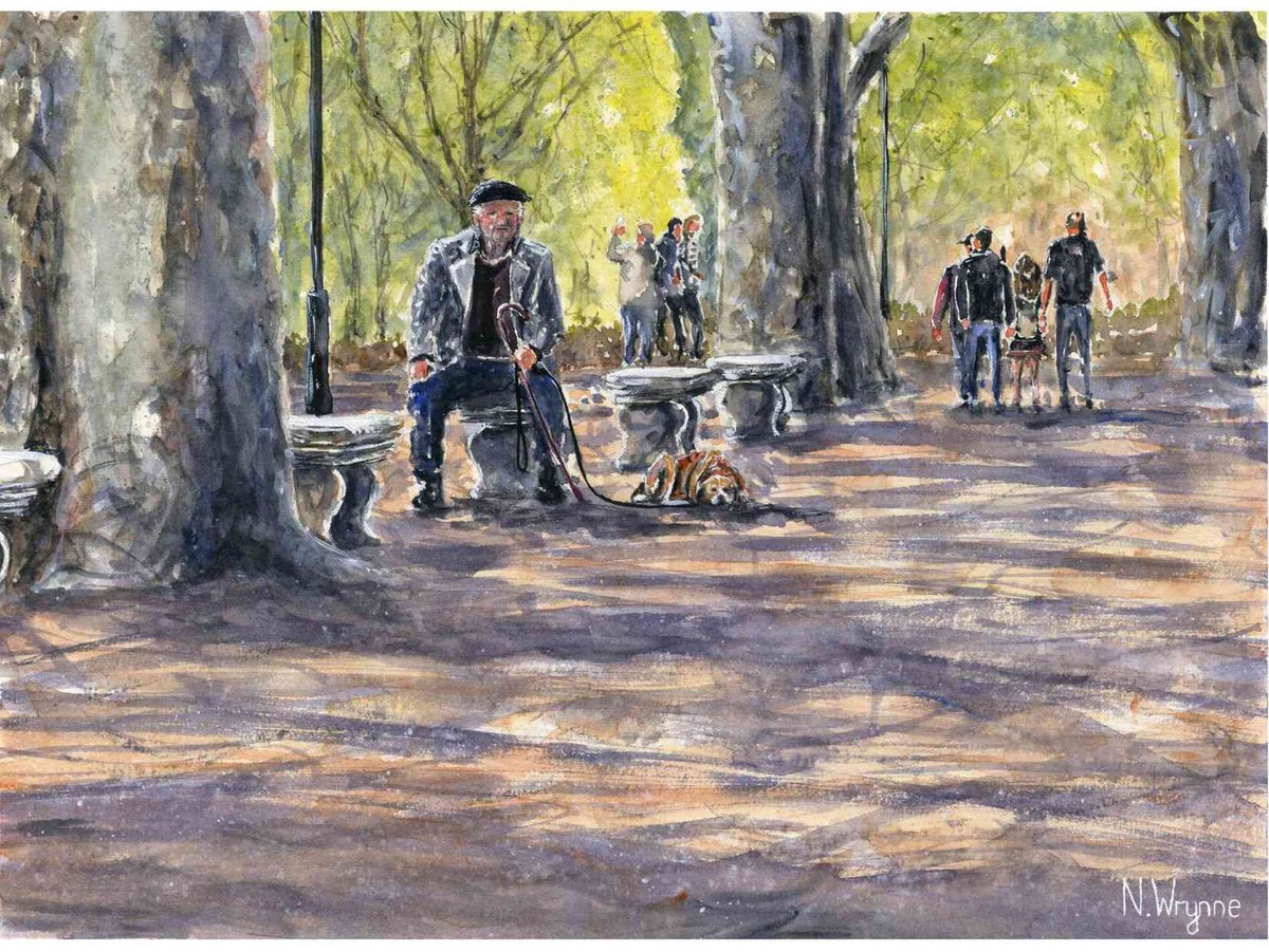 Original Watercolour Art - SITTING IN THE SHADE - Sun Shady Old Man Dog Painting by Neil Wrynne