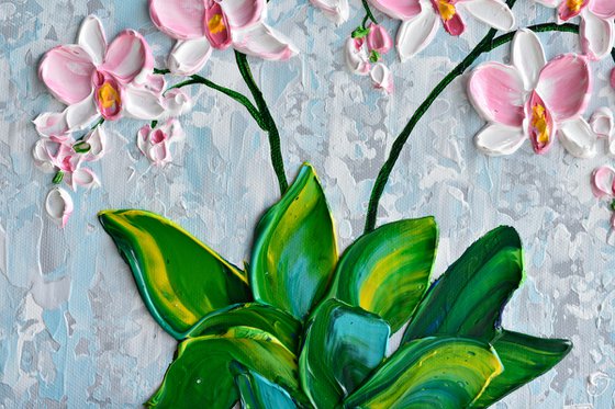 Pink Orchid - Impressionist Flower Painting, Palette Knife Art