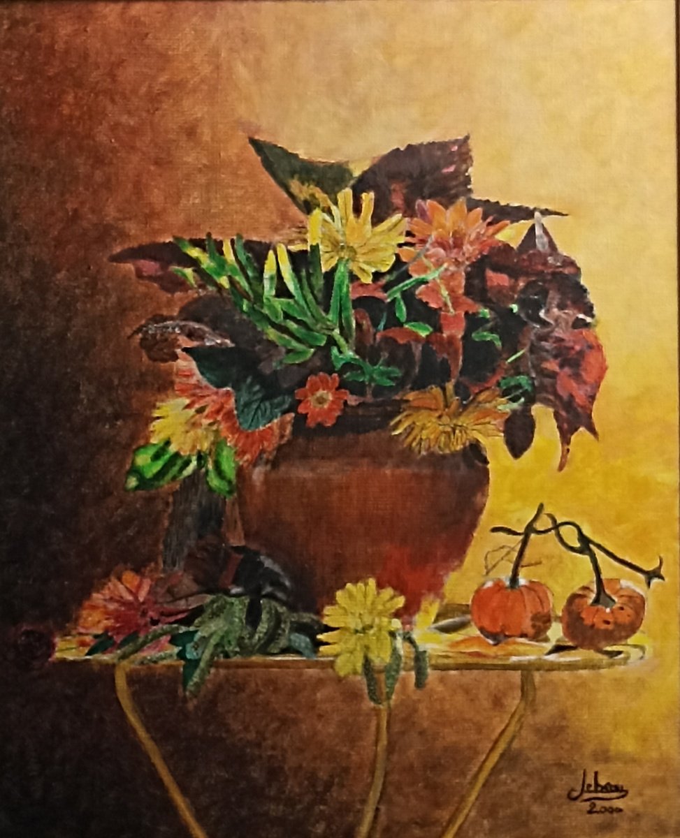 Impressionistic Botanical Oil Painting By Isabelle Lucas, 19 X 22, Flowers Ans Pumkins, Original Artwork