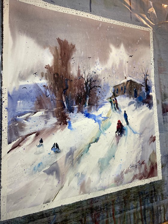 Watercolor “Winter childhood games II” perfect gift