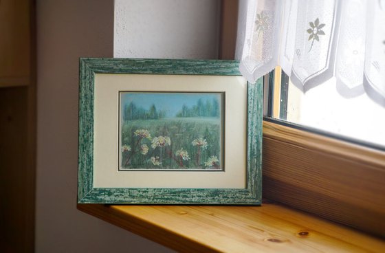 Wildflowers. Framed small pastel painting on gray paper.