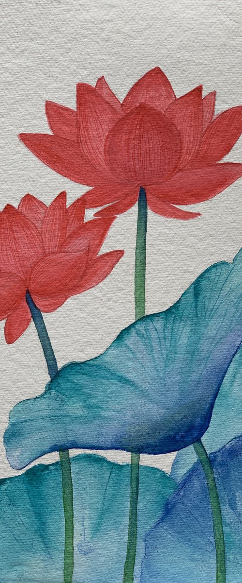 Red lotus ! A3 size Painting on Indian handmade paper by Amita Dand