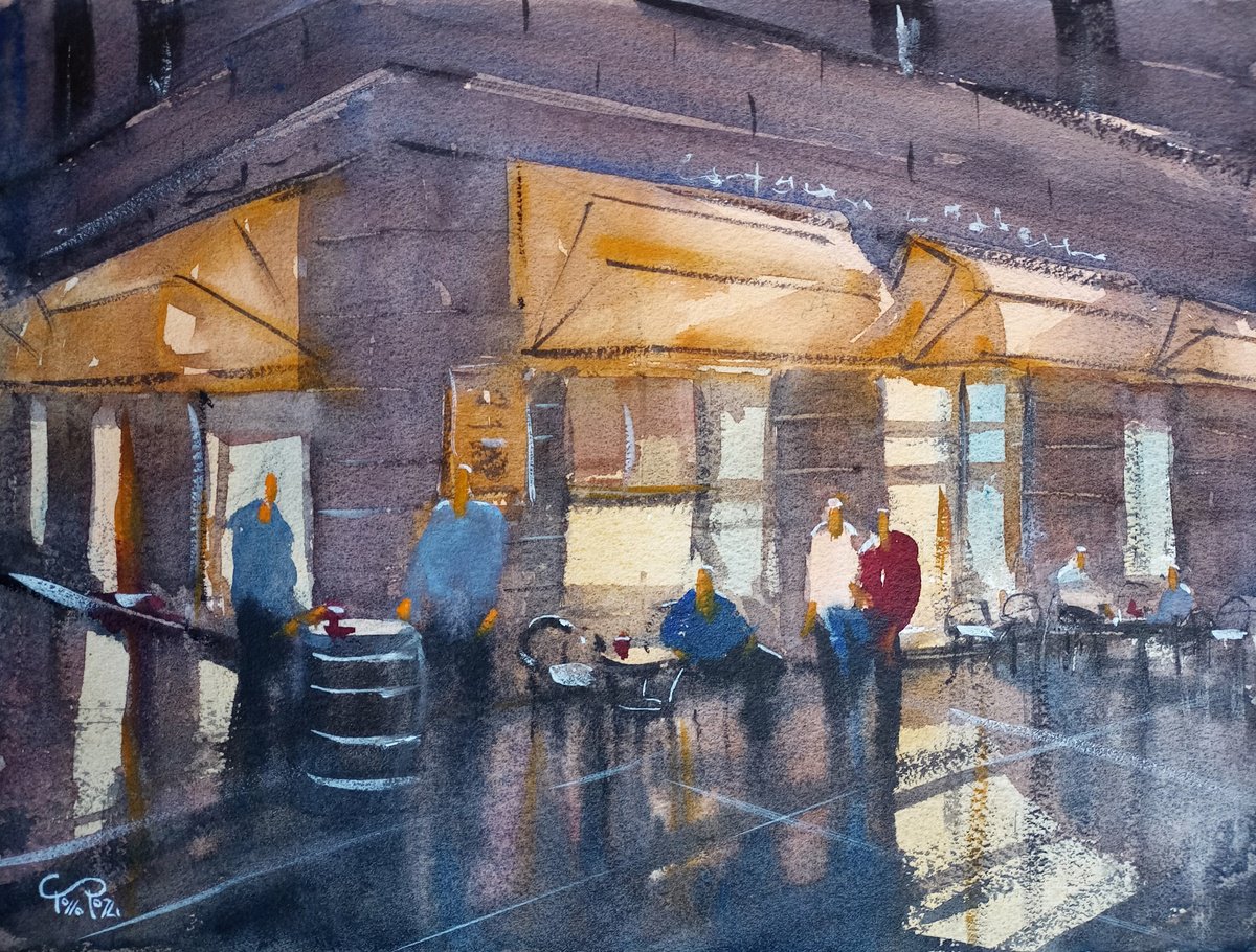 Expressive Watercolour , Cafe At Night #2 By Tollo Pozzi, 16 X 12, Artwork For Sale On Artfinder