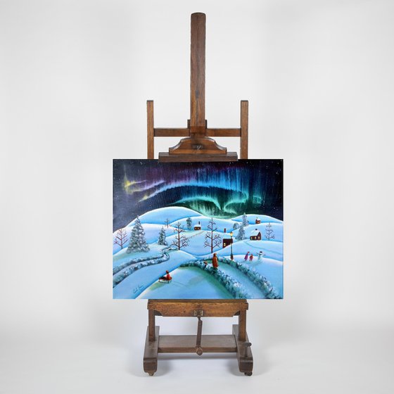 Winter folk art landscape painting