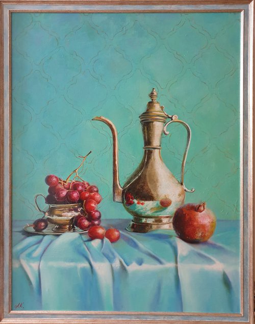 "A turquoise morning visiting Auntie Aishe."   still life pomegranate grape jug liGHt original painting PALETTE KNIFE  GIFT (2021) by Anna Bessonova (Kotelnik)